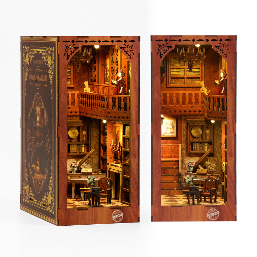 Grimm's Small Building DIY Book Nook Kit, 3D wooden puzzle showcasing detailed interior with musical theme.
