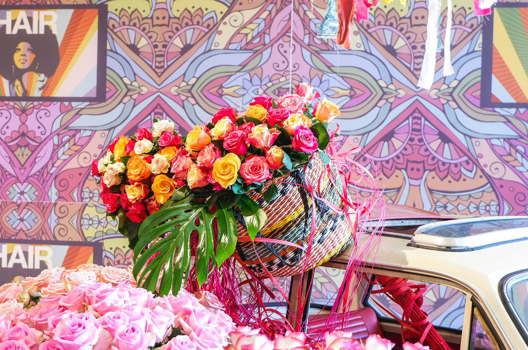 Happy Flower Basket filled with colorful roses against a vibrant background, perfect for jigsaw puzzle enthusiasts.