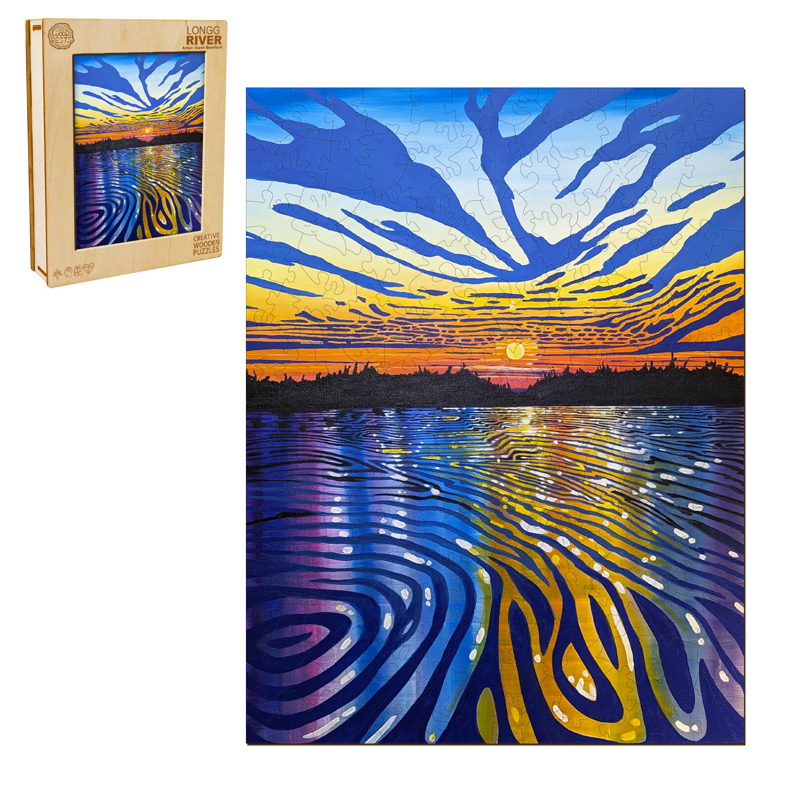 Long River puzzle by artist Sarah Bradfield featuring vibrant sunset and water reflections. Perfect for art lovers!