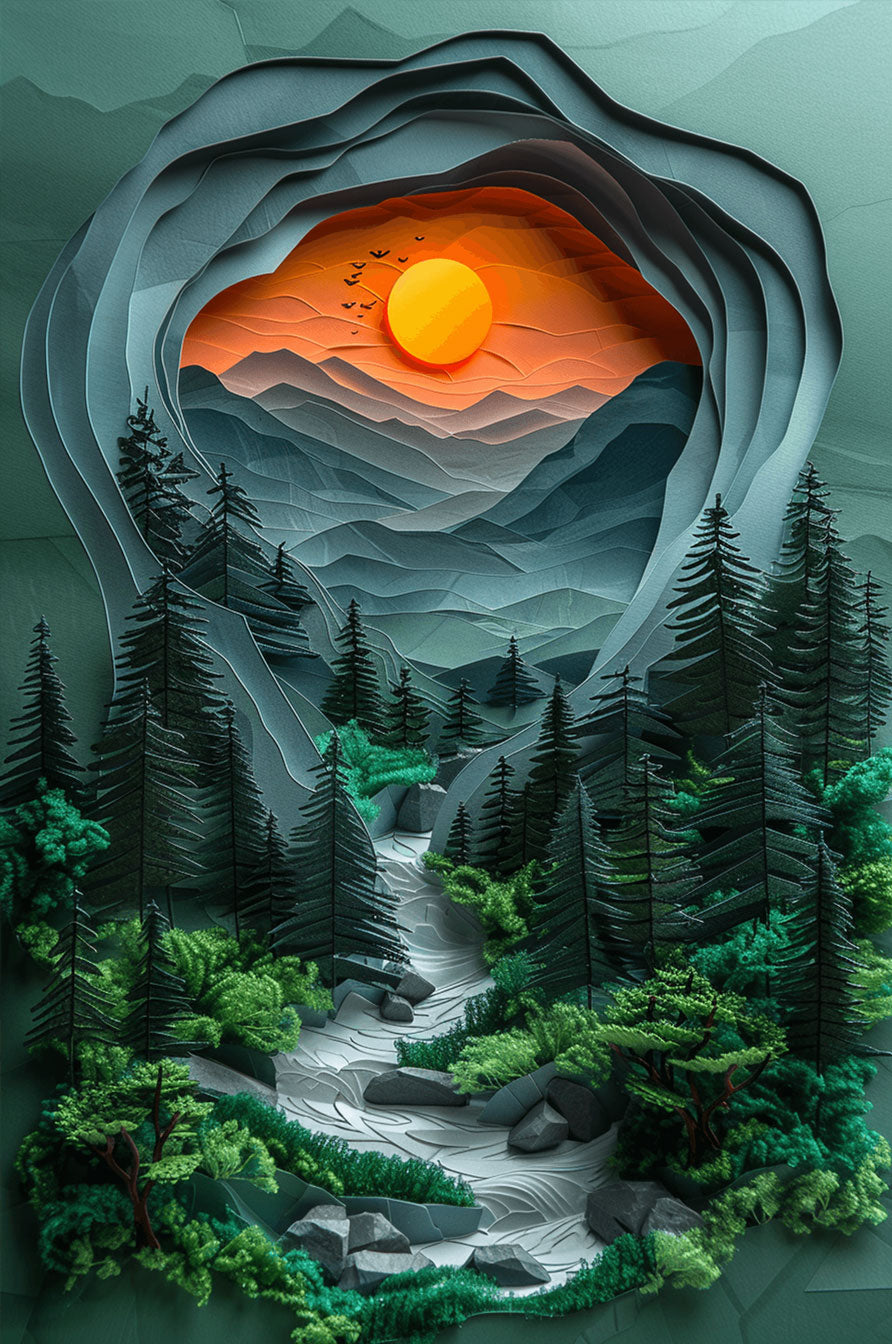 Jungle Sunset puzzle art featuring vibrant layers of mountains and a setting sun, showcasing nature's serene beauty.