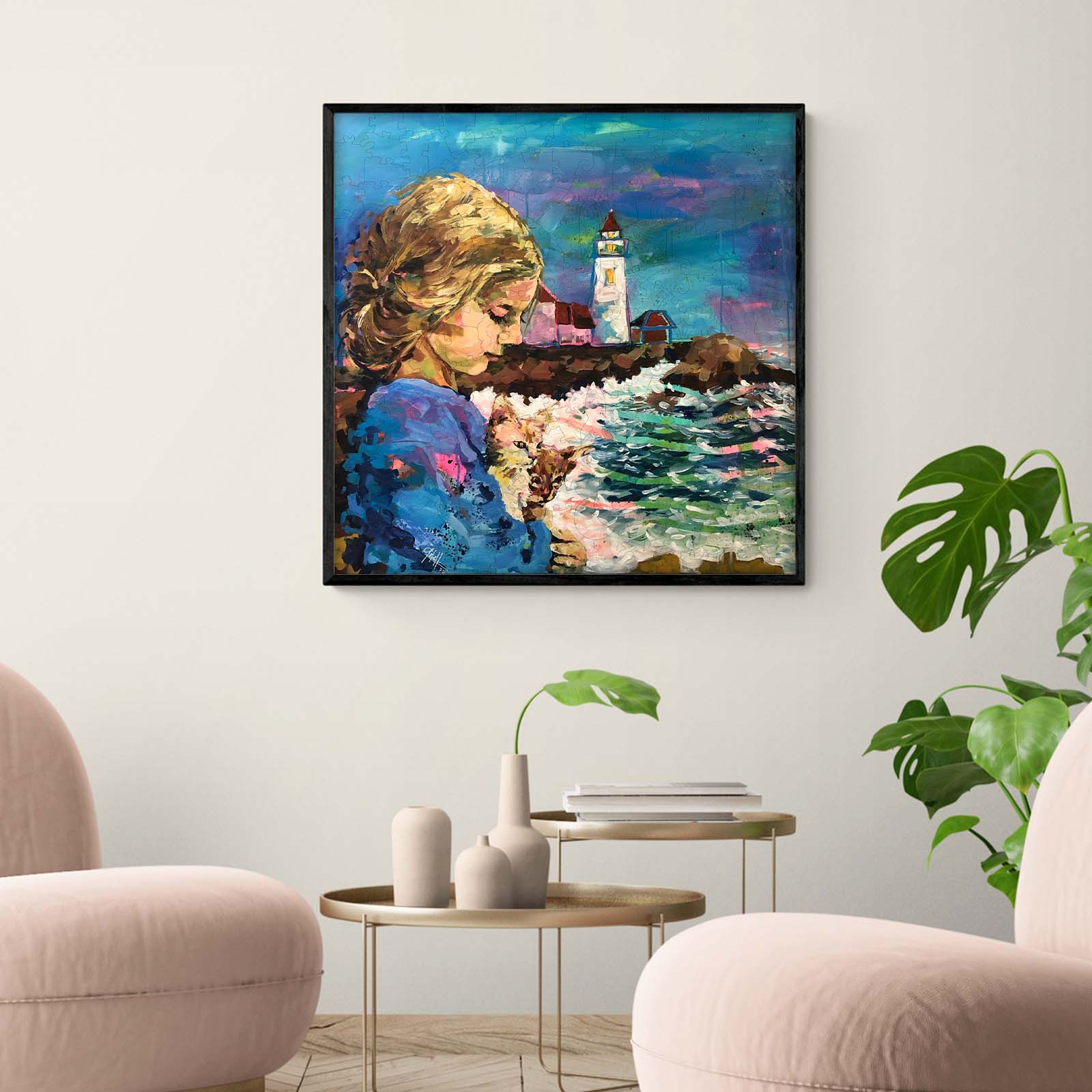 Colorful painting titled 'Rescue' by Arlet Gomez, depicting a girl and a dog by the ocean, inspiring artistic beauty.