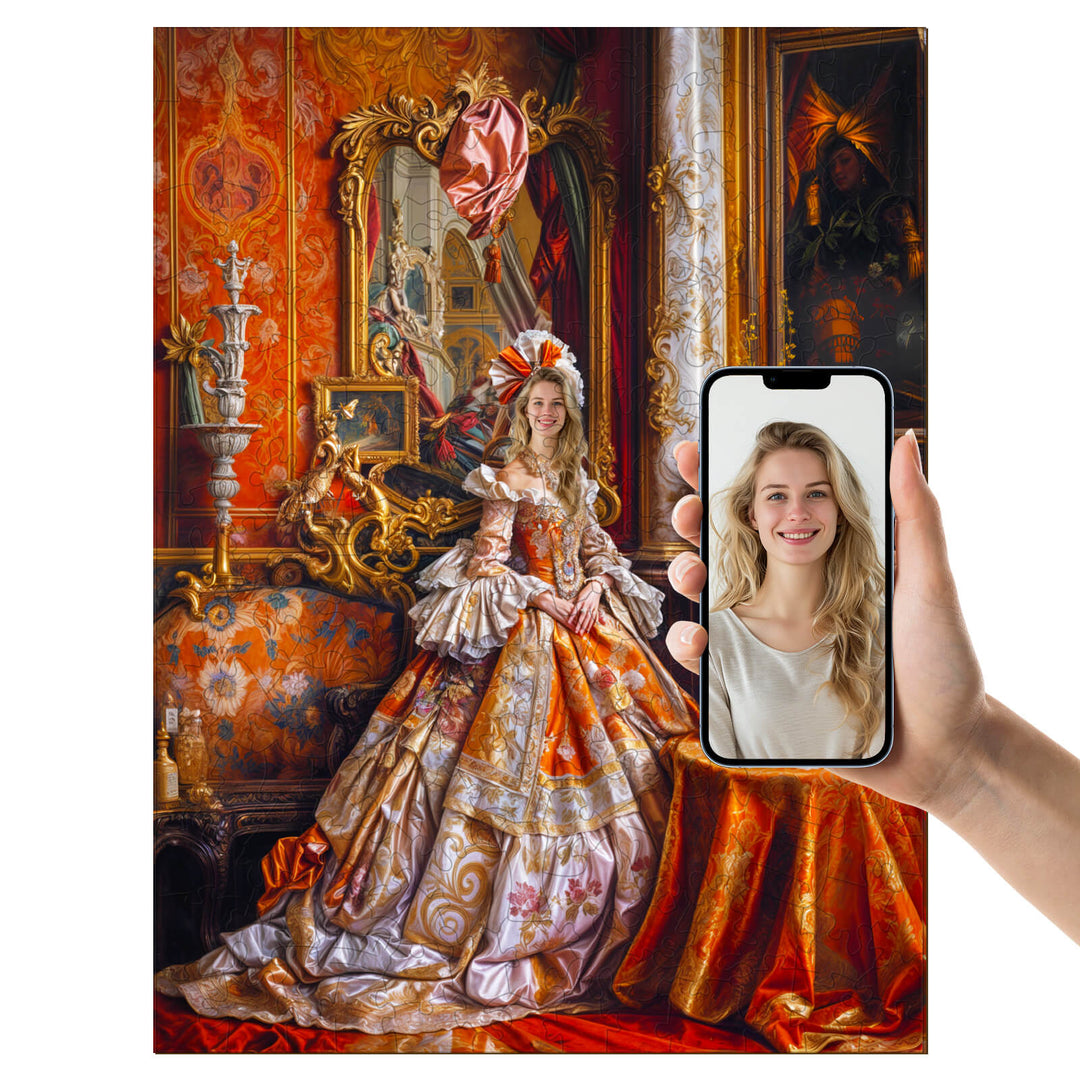 Custom Palace Portrait puzzle featuring a woman in a elegant gown, alongside a smartphone displaying her photo.