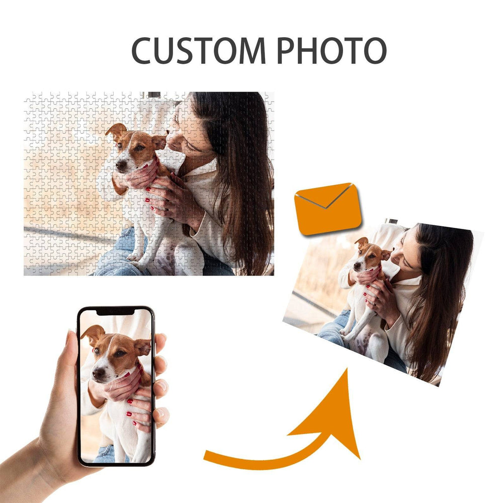 Custom pet photo jigsaw puzzle showing a dog and owner, with a phone displaying the photo.