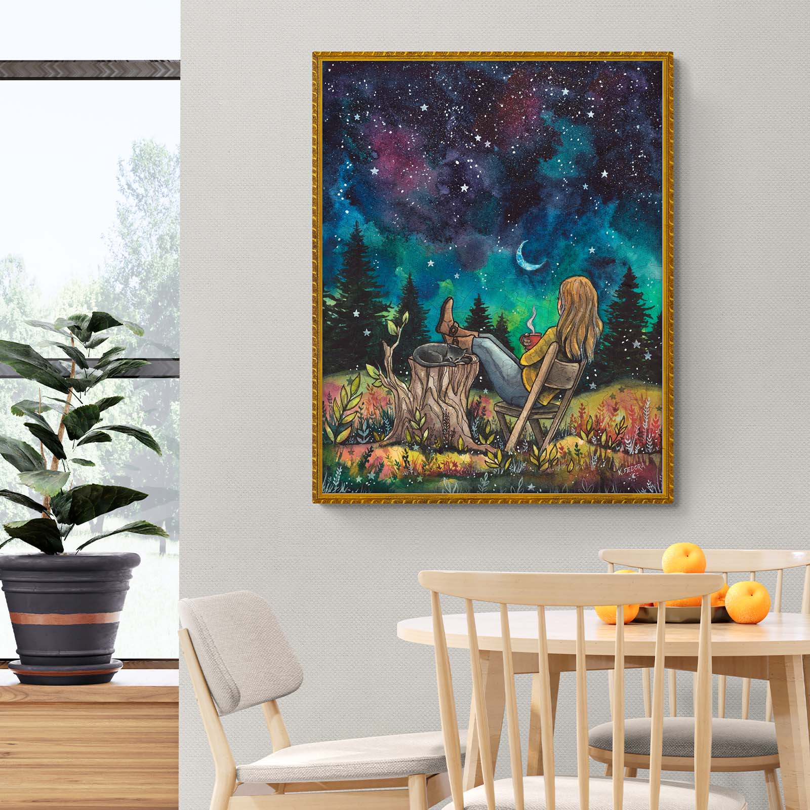 Art piece 'With The Stars' by Kathryn Fedora, depicting a woman stargazing in a colorful forest setting.
