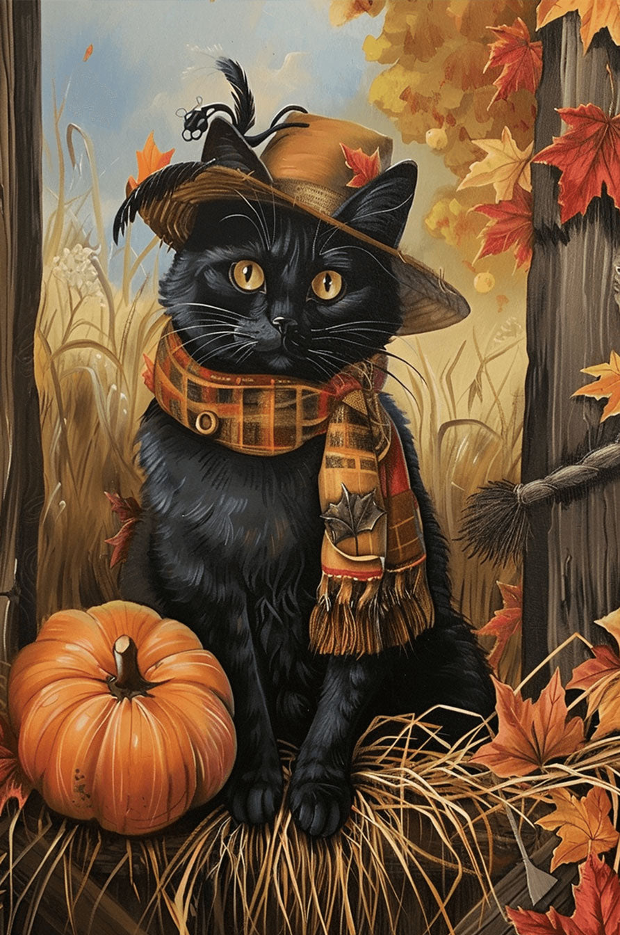Black cat in a hat and scarf sitting on hay with pumpkin and autumn leaves in the background.