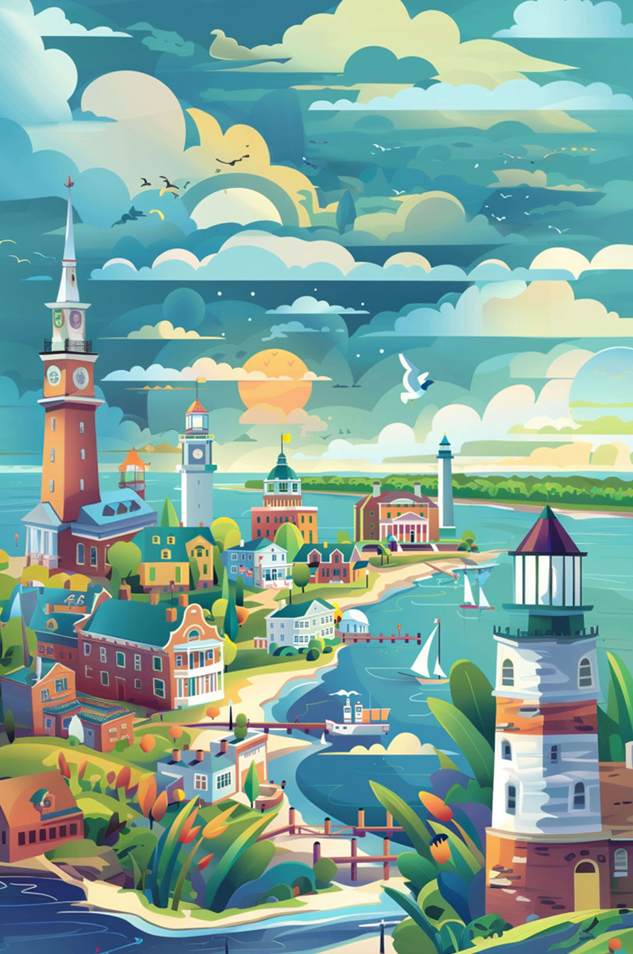 Beautiful coastal city landscape with colorful buildings, lighthouse, and boats, ideal for jigsaw puzzle enthusiasts.