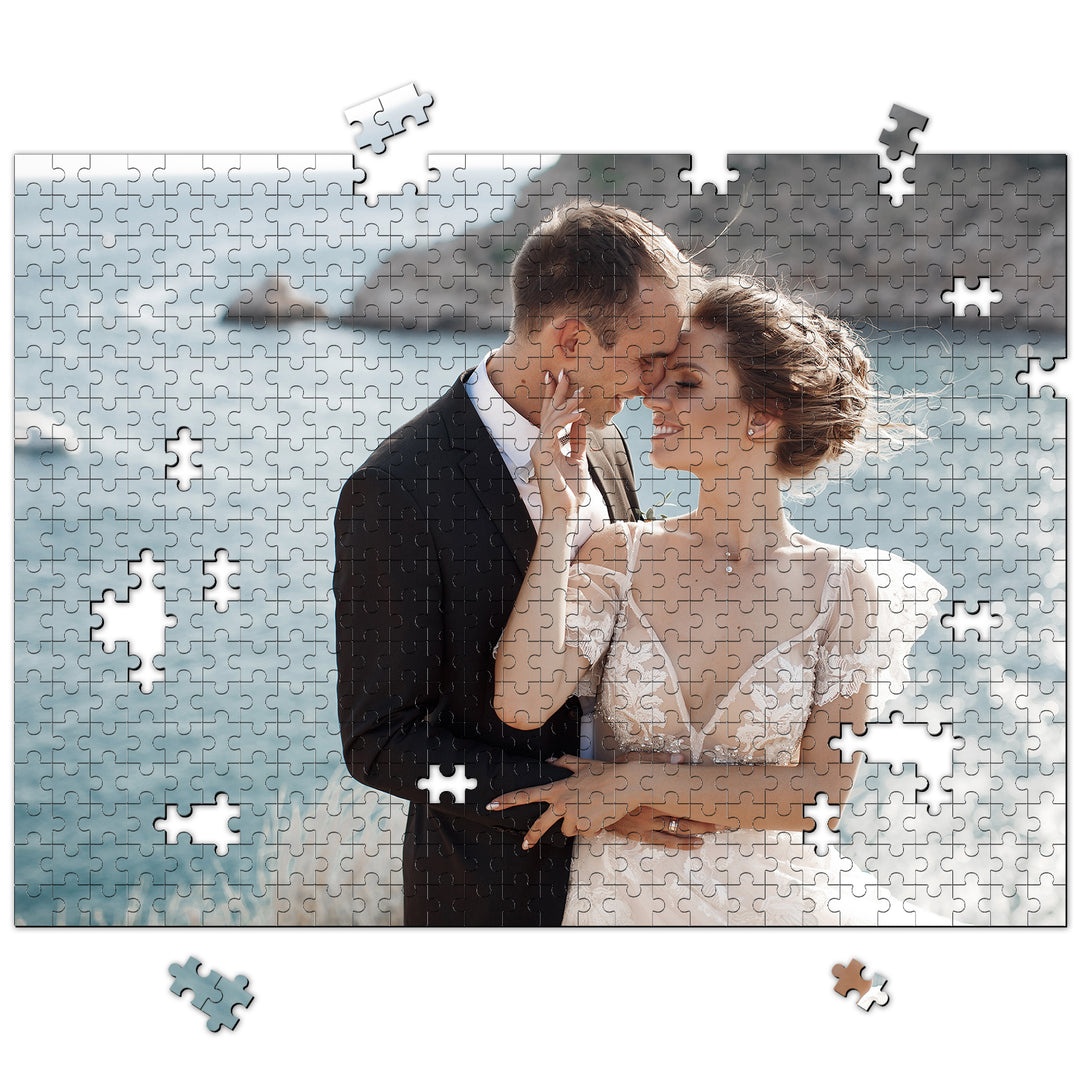 Custom photo jigsaw puzzle featuring a newlywed couple by the ocean, ideal for weddings and anniversaries.