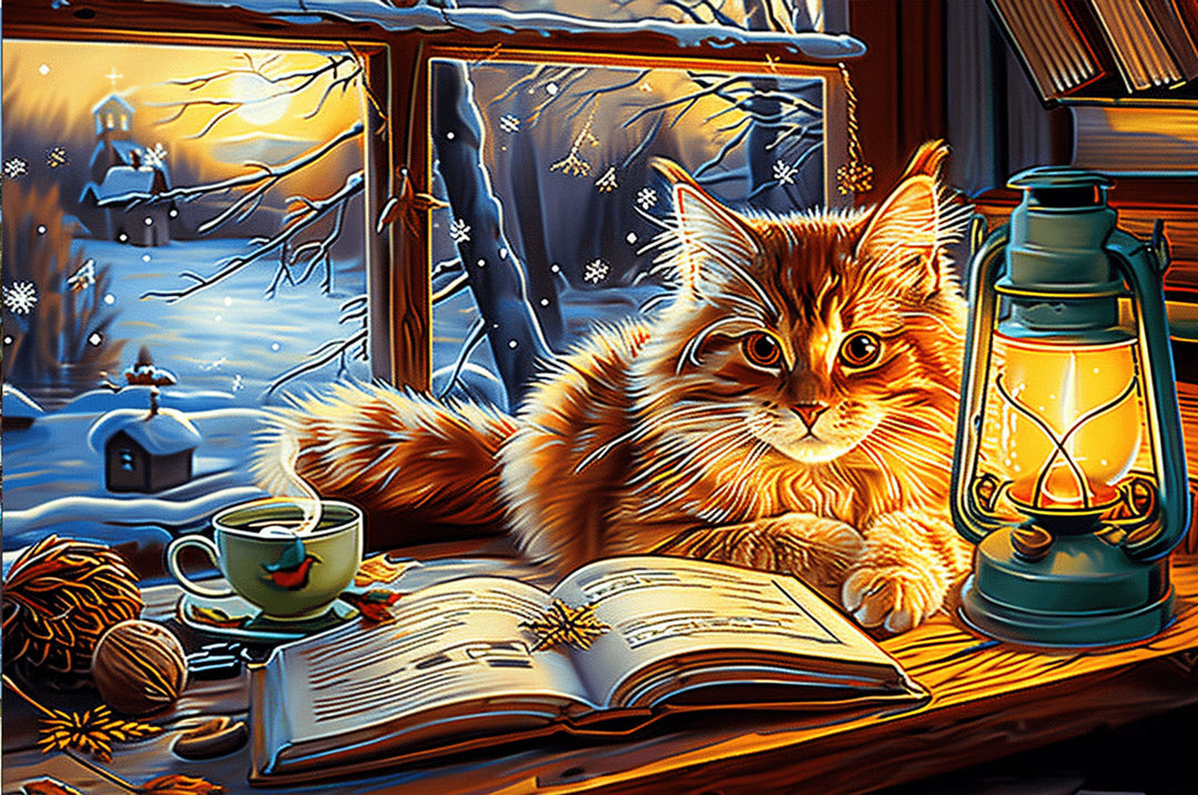 Cozy winter scene with a fluffy cat, lantern, and hot drink by a snowy window, perfect for jigsaw puzzle lovers.