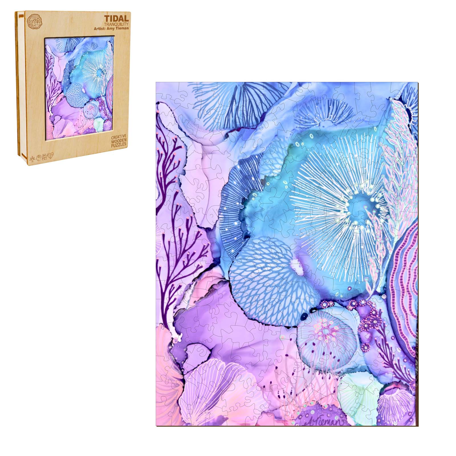 Tidal Tranquility jigsaw puzzle by Amy Tieman featuring vibrant coral and marine art in soothing colors.