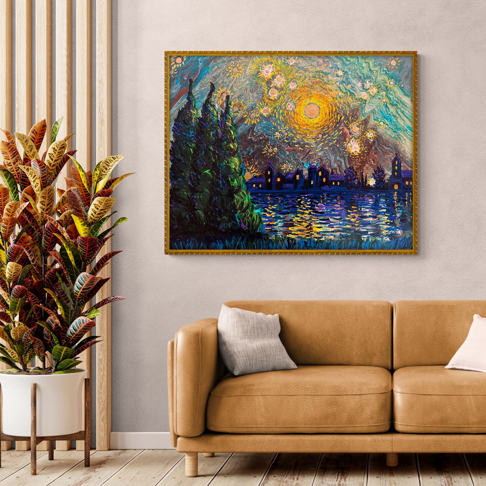 Starry Night artwork by Nicholas John VARDAXIS displayed above a modern couch in a cozy living room setting.