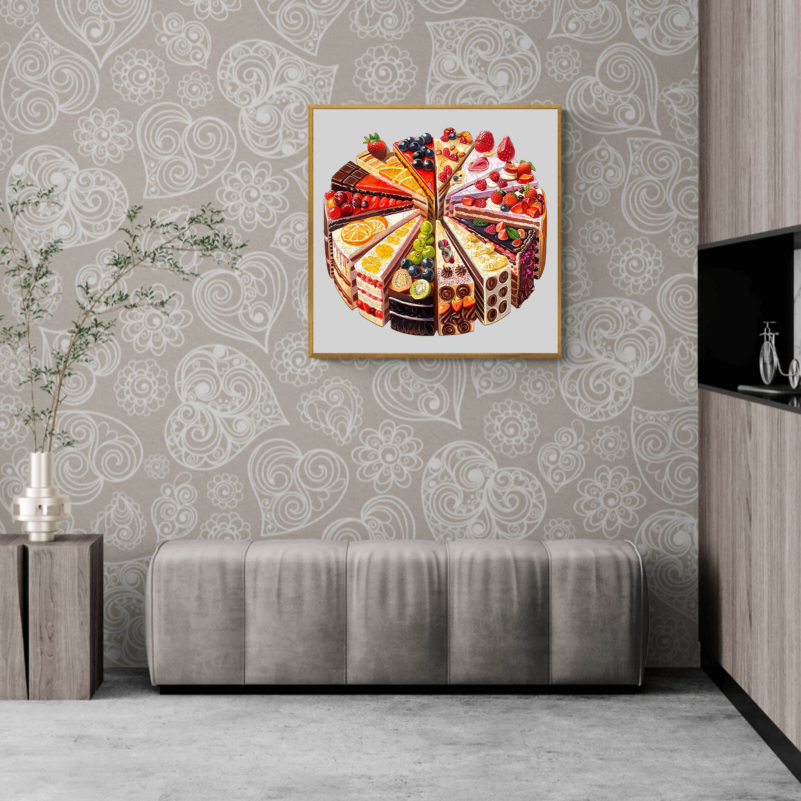 Colorful wall art of a delicious cake jigsaw puzzle in a modern living room with neutral decor.