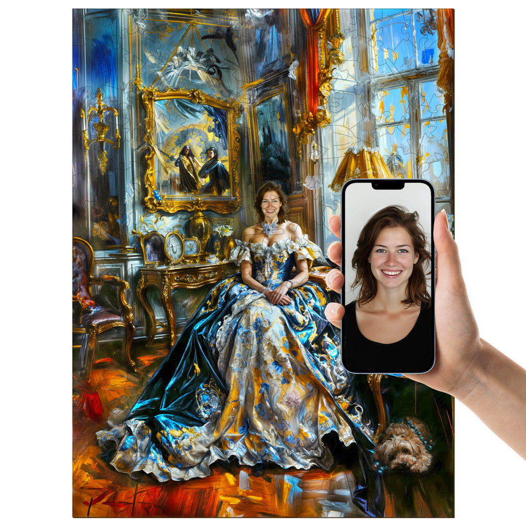 Custom wooden puzzle featuring a fashionable Window lady design with a smartphone photo display.