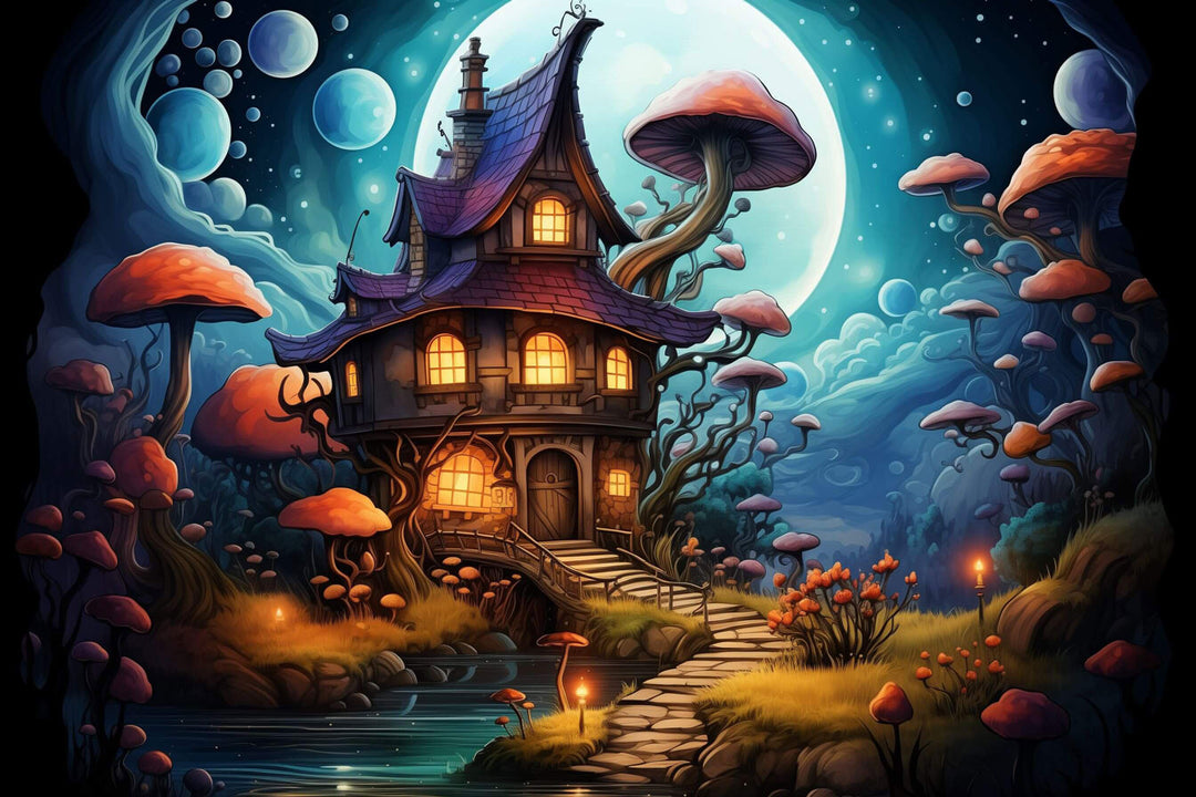 Whimsical illustration of a castle surrounded by giant mushrooms and a serene landscape, perfect for puzzle enthusiasts.