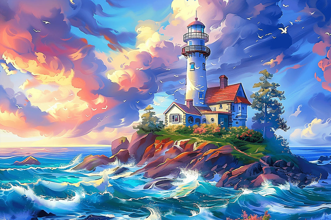 Lonely Island Lighthouse 500/1000 piece jigsaw puzzle, vibrant coastal scenery for focused, mind-challenging fun.