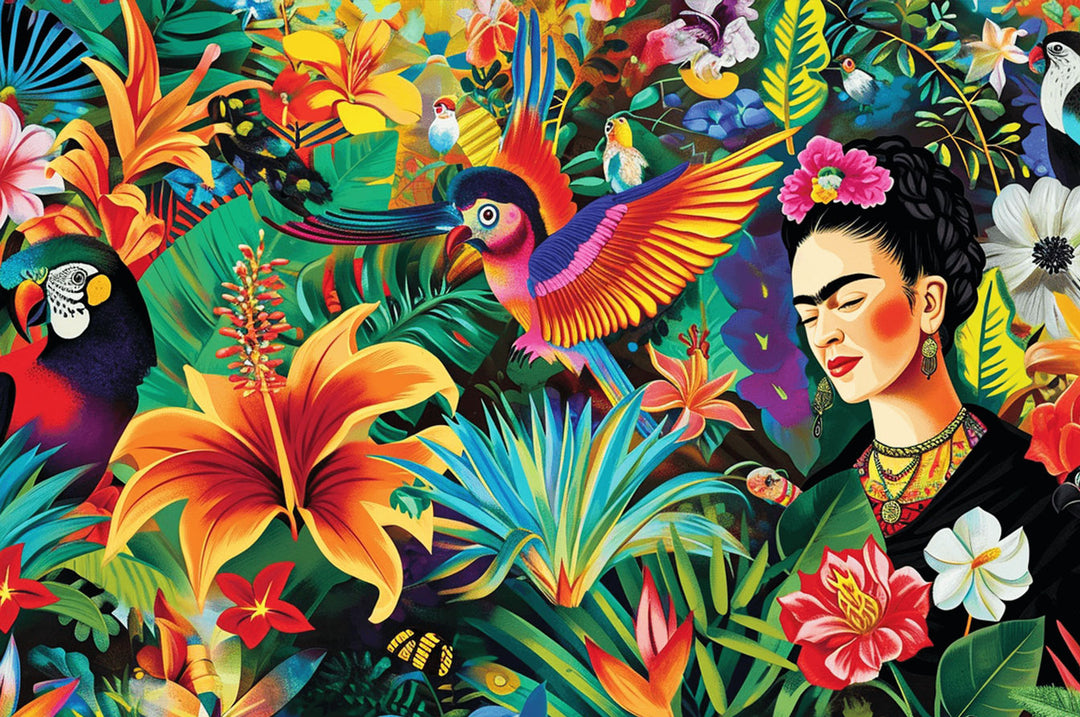 Vibrant artwork of Frida Kahlo surrounded by colorful flowers and tropical birds in a lush garden setting.