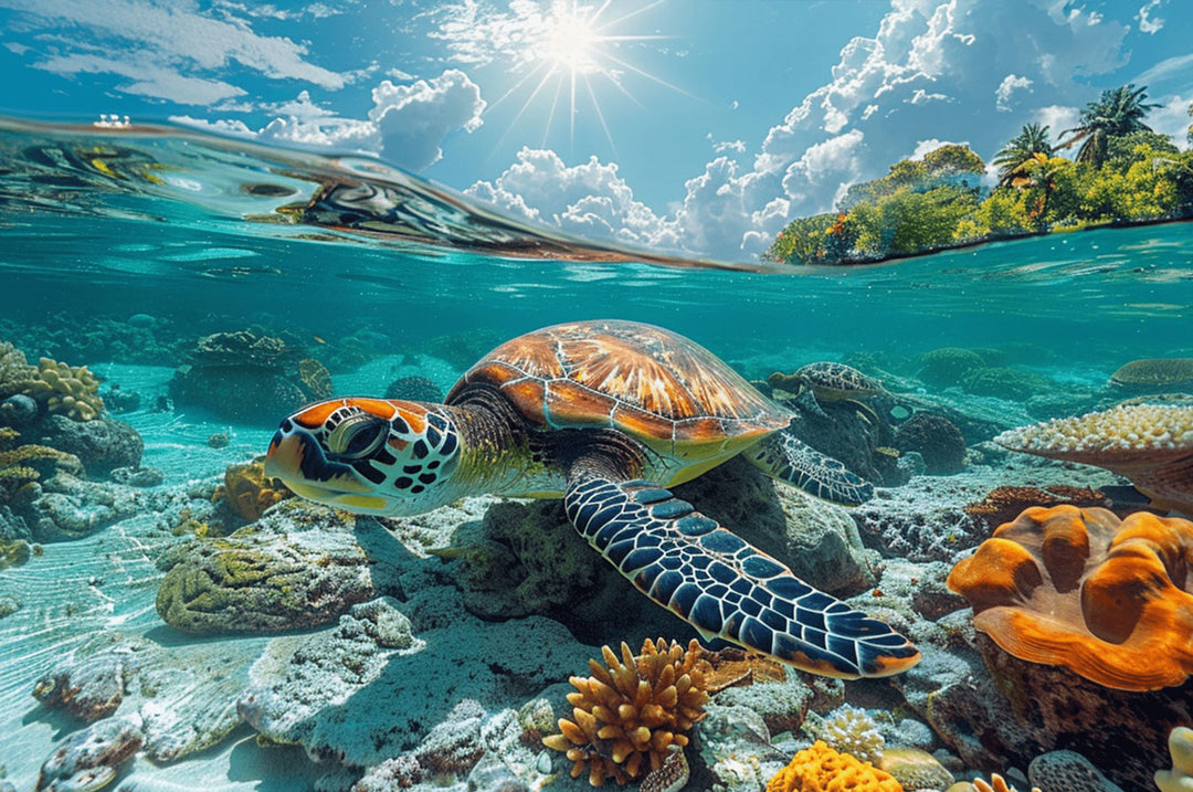 A vibrant sea turtle swimming among colorful coral reefs in clear blue waters, under a bright sun and picturesque sky.