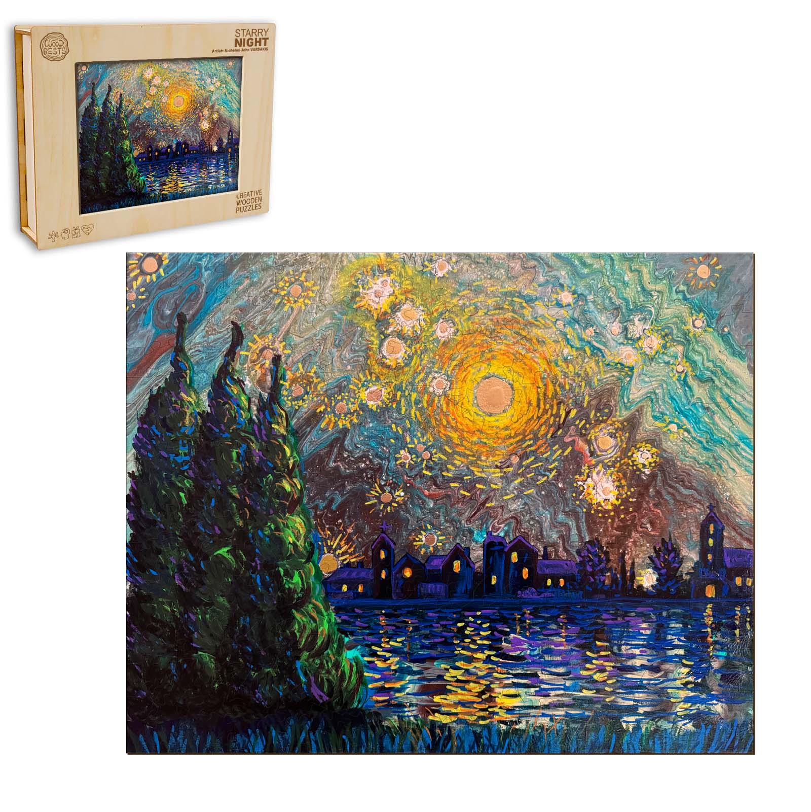 Starry Night art by Nicholas John VARDAXIS, featuring vibrant colors and swirling stars over a serene landscape.