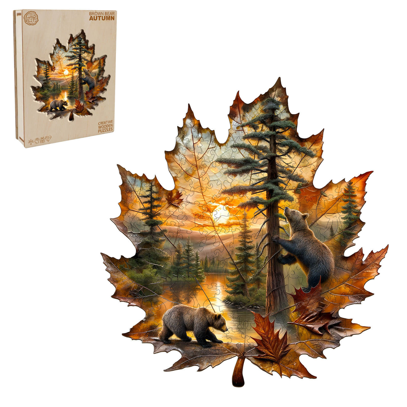 Brown Bear Autumn Wooden Jigsaw Puzzle featuring bears, sunset, and forest, shaped like a maple leaf.