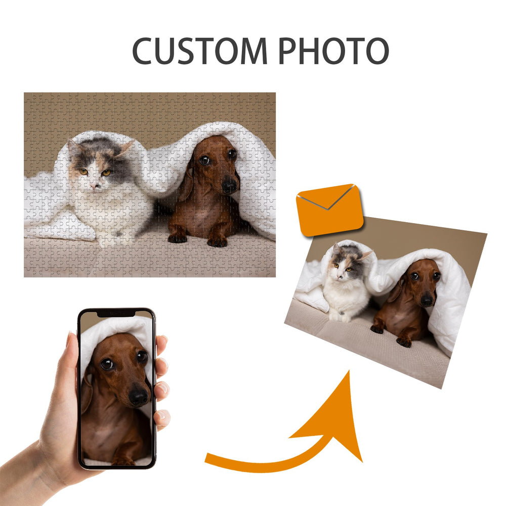Custom pet photo jigsaw puzzle with dog and cat images, showcasing personalized pet memories.