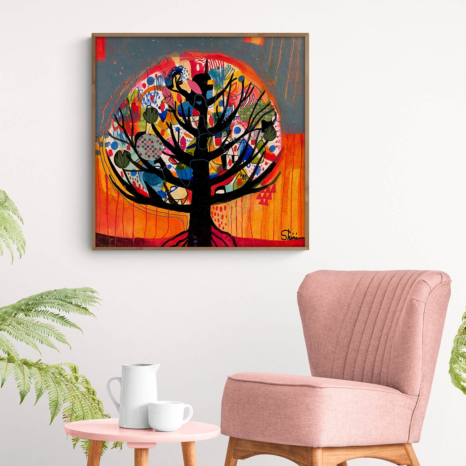 Colorful artwork 'Unfold' by Shirin Moarefi, featuring a vibrant tree design, displayed in a modern interior.