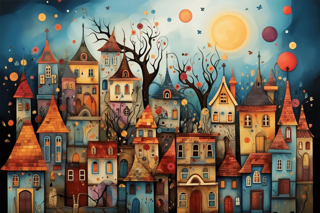 Colorful illustration of Weird Town puzzle featuring whimsical houses and trees under a bright sky.