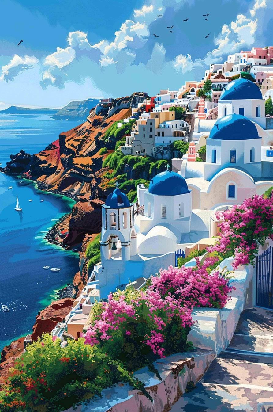 Santorini 500/1000 piece puzzle featuring scenic blue domes and vibrant landscapes for mind games.