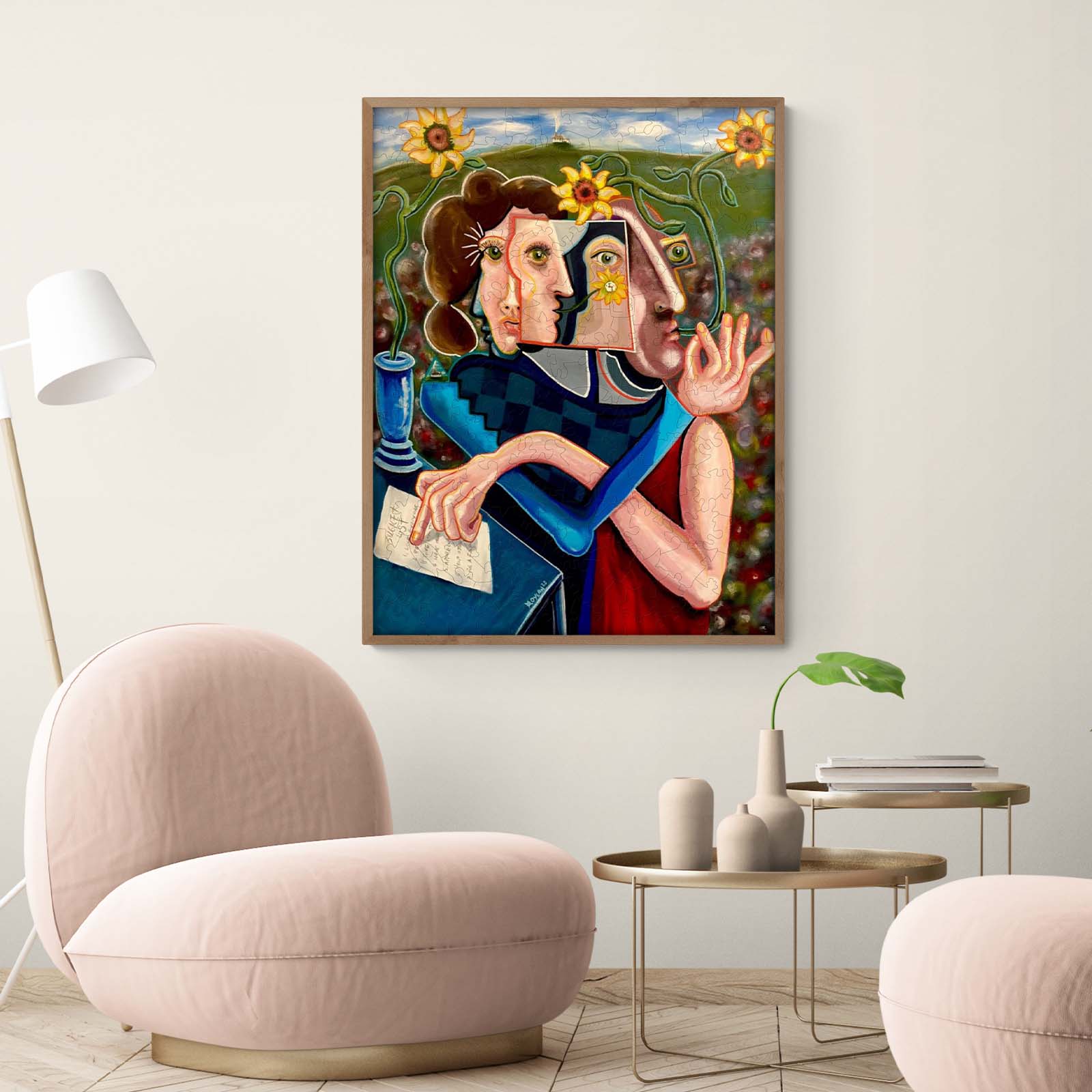 The Bucket List painting by artist Dylan Gill, featuring abstract figures and vibrant sunflowers in a cozy living space.