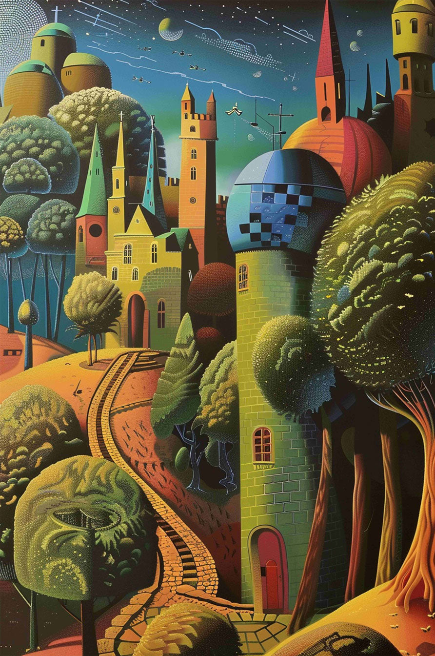 Colorful jigsaw puzzle artwork of a whimsical desert city with unique towers and trees.