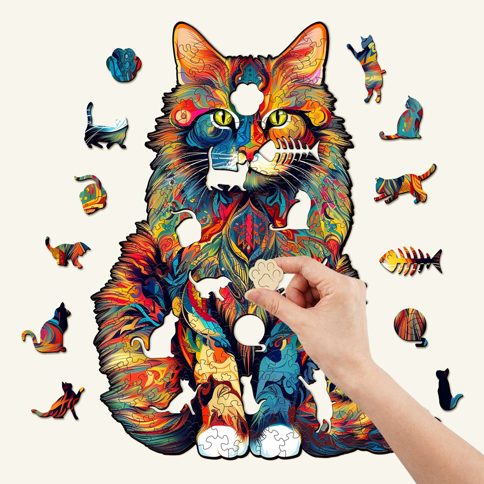 Vibrant Maine Coon wooden jigsaw puzzle with unique animal-shaped pieces and colorful designs.
