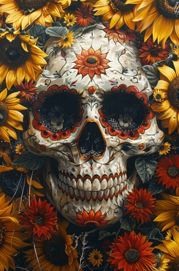 Colorful skull design surrounded by vibrant sunflowers, perfect for Halloween jigsaw puzzle themes.