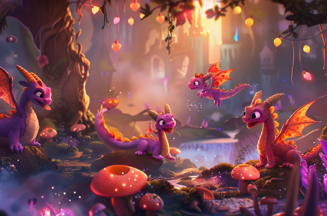Colorful fantasy dragons playing in a magical paradise, surrounded by vibrant mushrooms and sparkling lights.