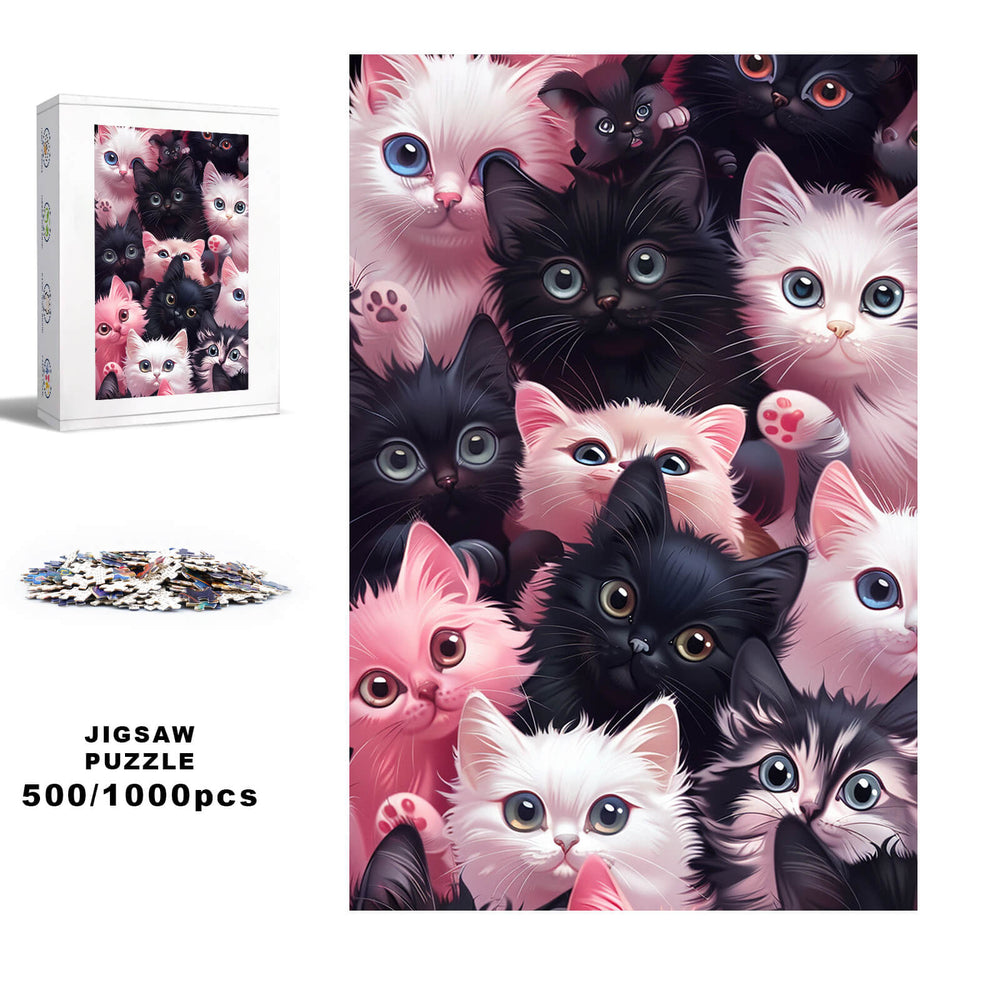 Cartoon kitten jigsaw puzzle featuring cute cats, perfect for mind games and focus, 500/1000 pieces.