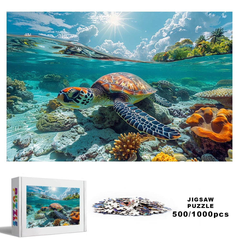 Sea Turtles 500/1000 piece jigsaw puzzle showcasing vibrant underwater scene and marine life.