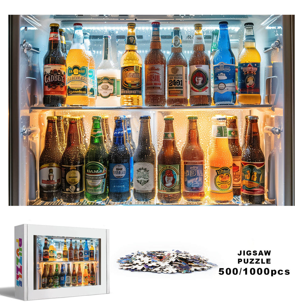Ice Drink 500/1000 piece jigsaw puzzle featuring a colorful fridge full of beer bottles, enhancing focus and problem-solving skills.