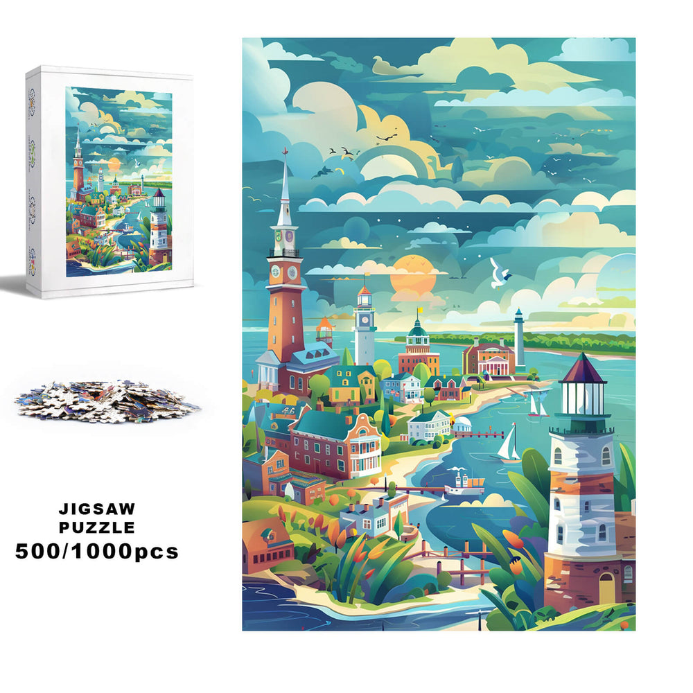 Coastal City jigsaw puzzle featuring a vibrant waterfront scene, available in 500 or 1000 pieces for puzzle enthusiasts.