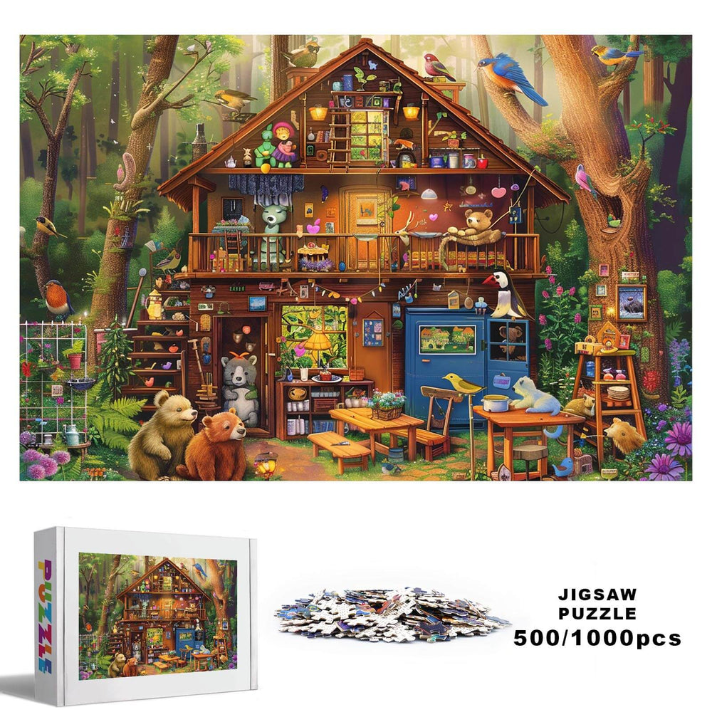 Colorful 500/1000 piece jigsaw puzzle featuring a whimsical cabin in the woods surrounded by playful animals and vibrant nature.