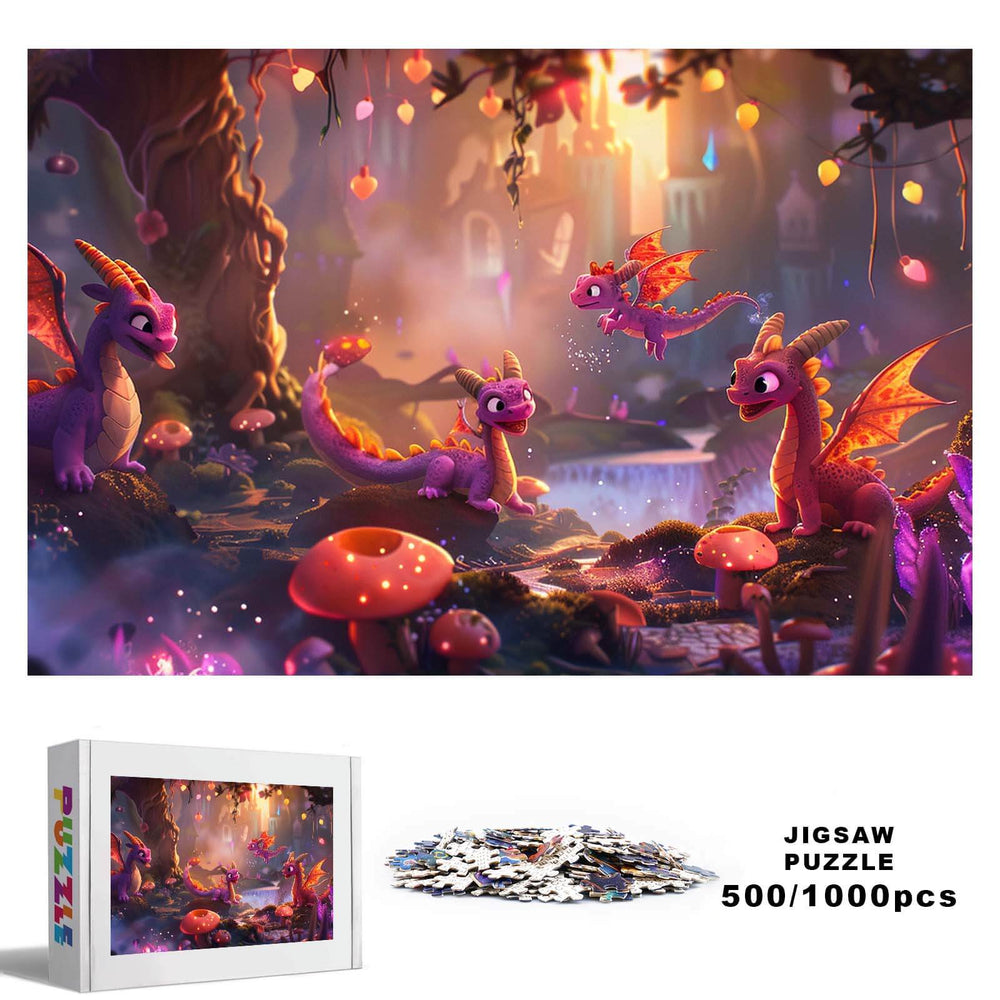 Dragon Paradise 500/1000 piece puzzle featuring colorful dragons in a magical forest scene, perfect for jigsaw enthusiasts.
