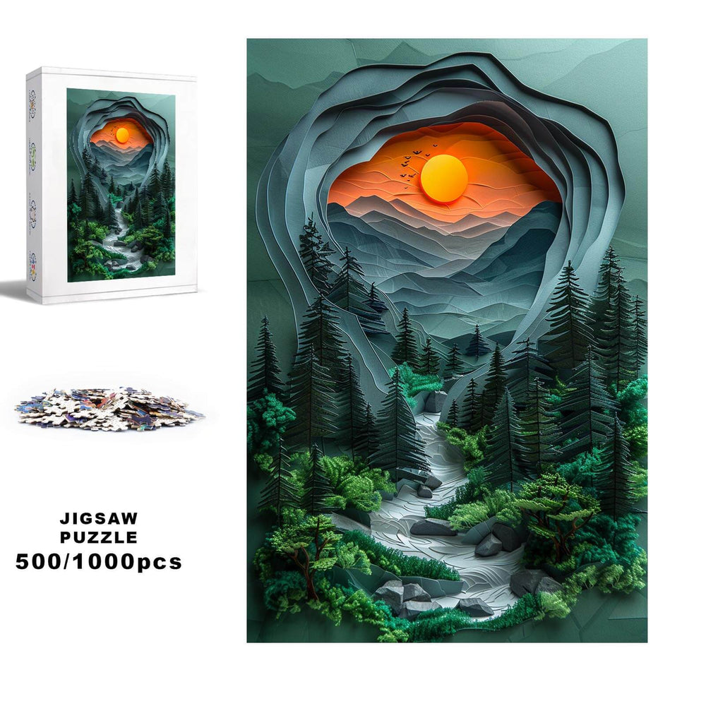 Jungle Sunset 500/1000 piece jigsaw puzzle featuring a vibrant sunset in a serene forest setting.