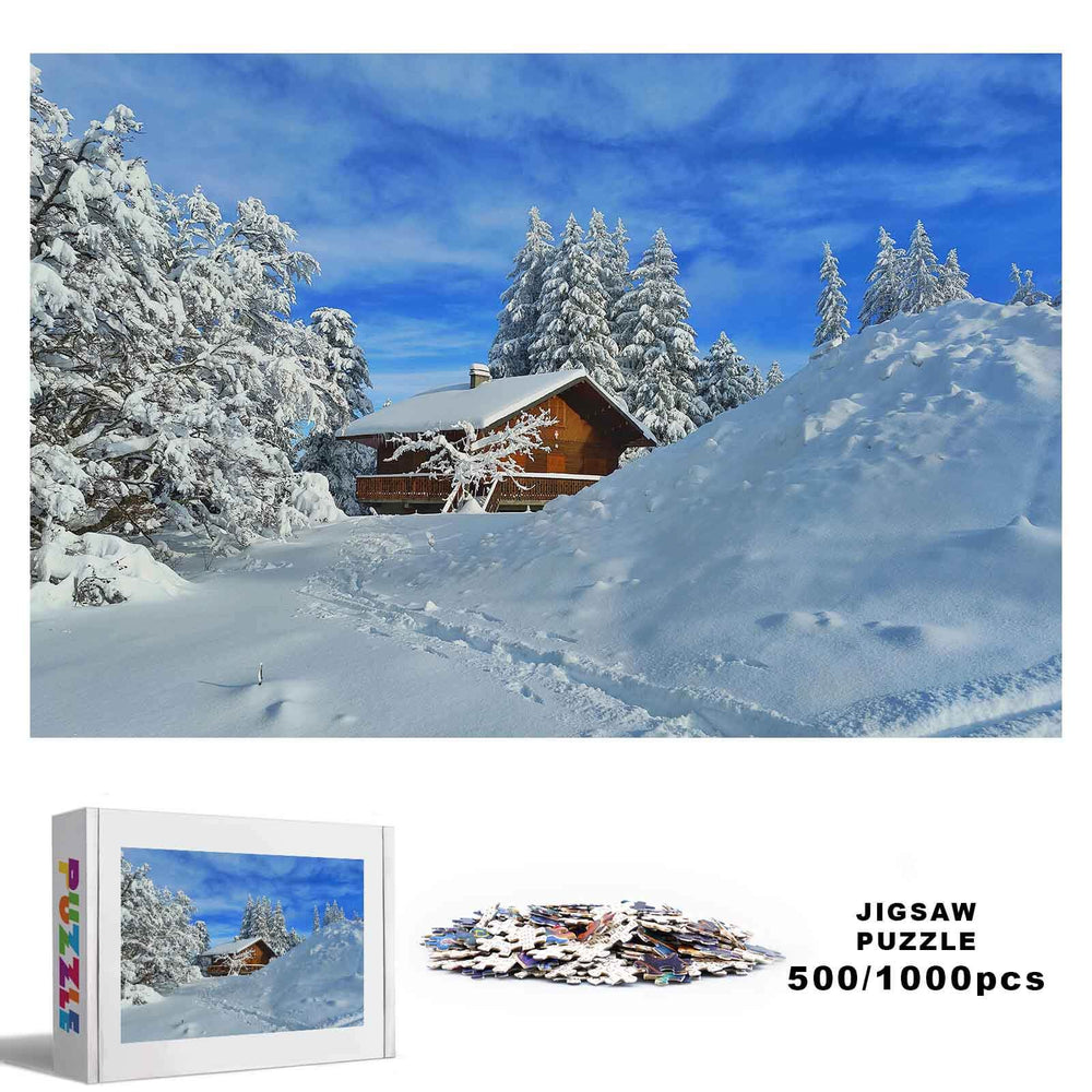 Snow Cabin 500/1000 piece jigsaw puzzle featuring a winter landscape with snow-covered trees and a cozy cabin.