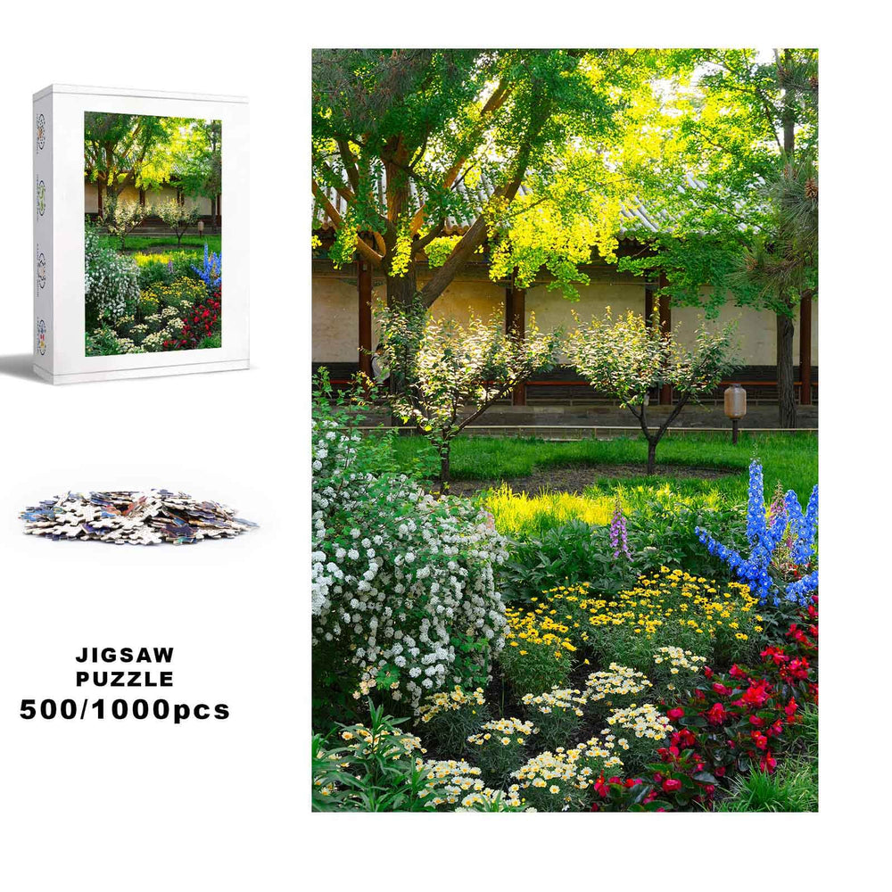 Garden Scenery 500/1000 Piece Jigsaw Puzzle featuring vibrant flowers and greenery for focused mind games.