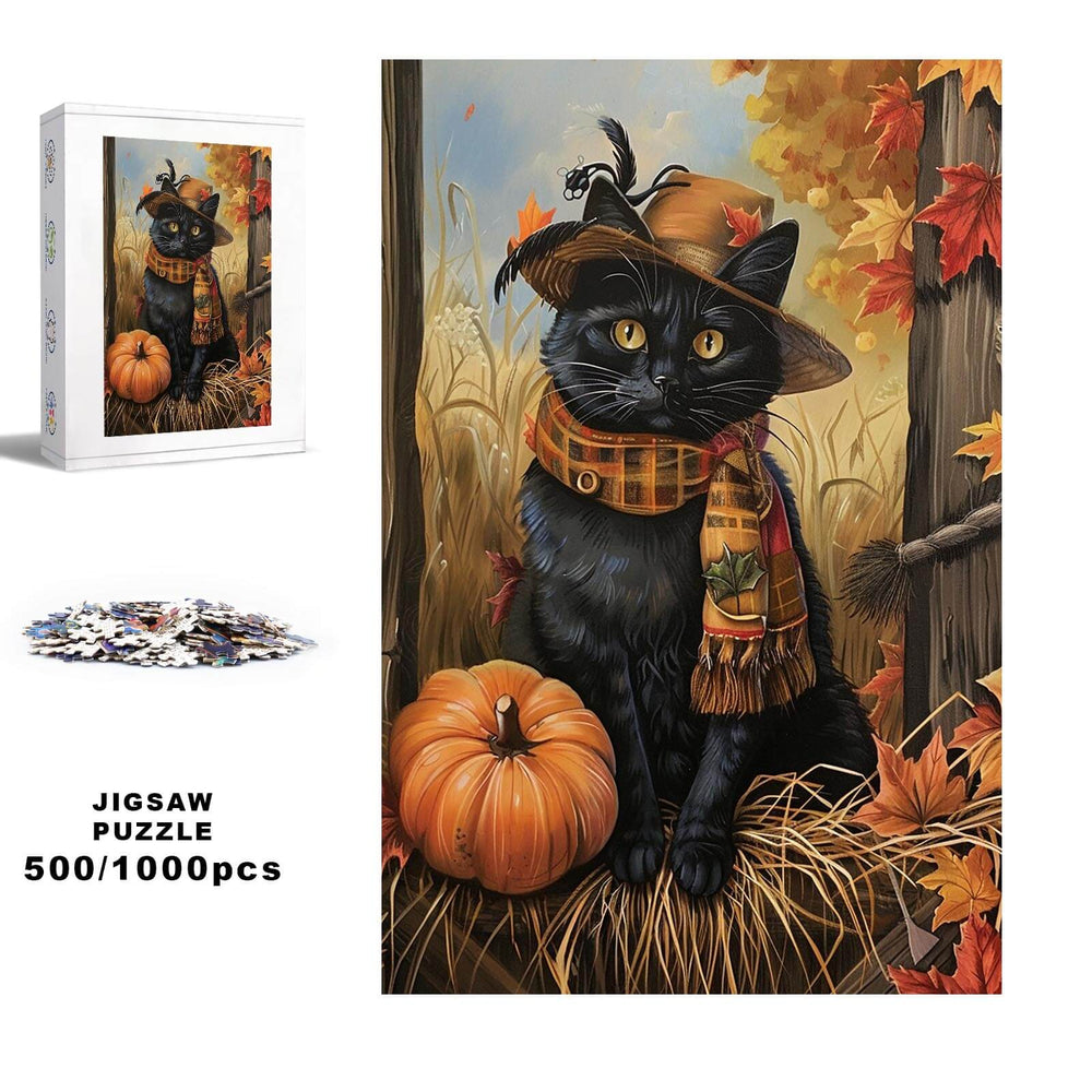 Mr. Cat jigsaw puzzle featuring a black cat in autumn with pumpkin, 500/1000 pieces for mind games and focus.