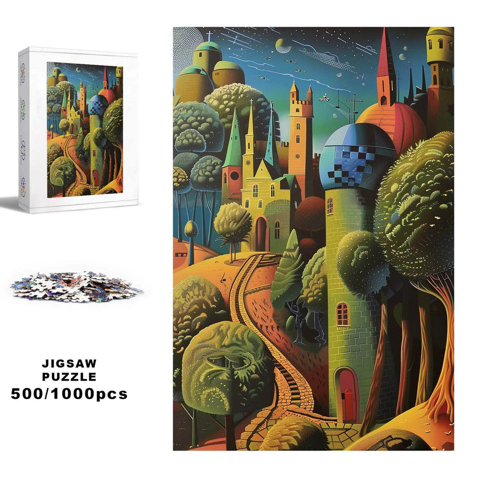 Desert City 500/1000 piece jigsaw puzzle featuring vibrant landscape with whimsical architecture and trees.