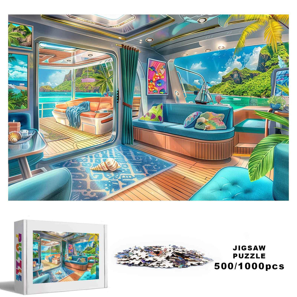 Luxury Yachts 500/1000 piece jigsaw puzzle featuring a vibrant yacht interior with ocean views, perfect for puzzle lovers.