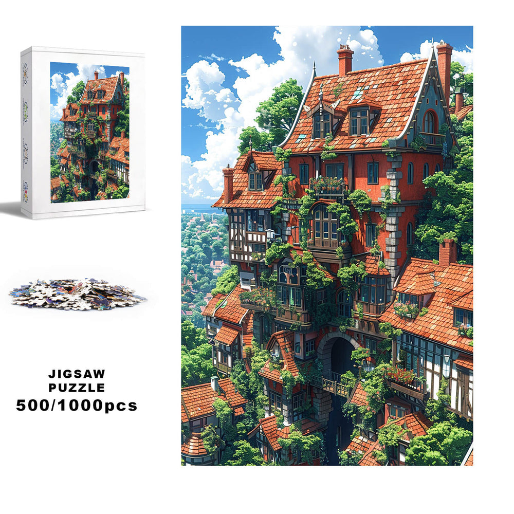 Huge Island 500/1000 piece jigsaw puzzle box with an intricate castle design and colorful landscaping.