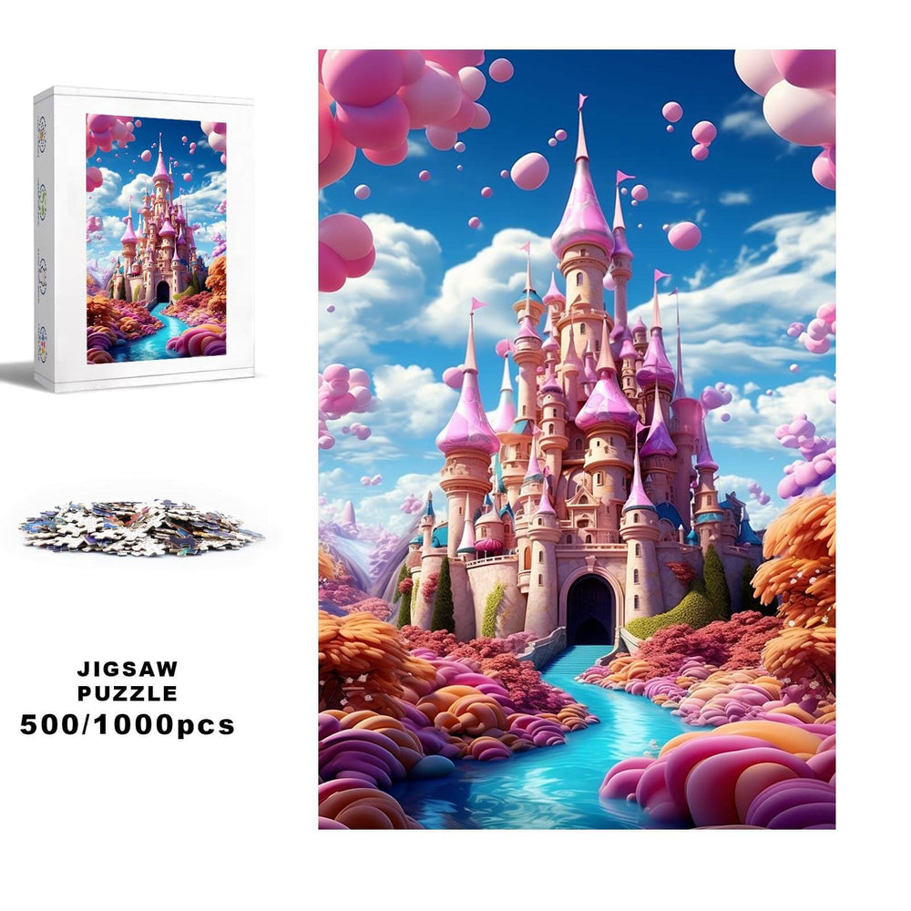 Dream Castle 500/1000 Piece Puzzle featuring a colorful castle scene, perfect for jigsaw puzzle enthusiasts and mind games.