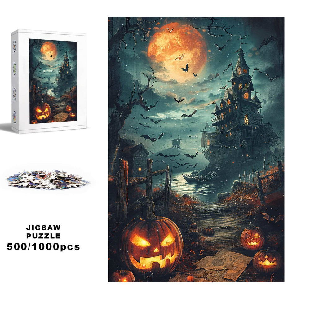 Halloween Treasure Hunt 500/1000 piece jigsaw puzzle featuring spooky pumpkins and a haunted house.