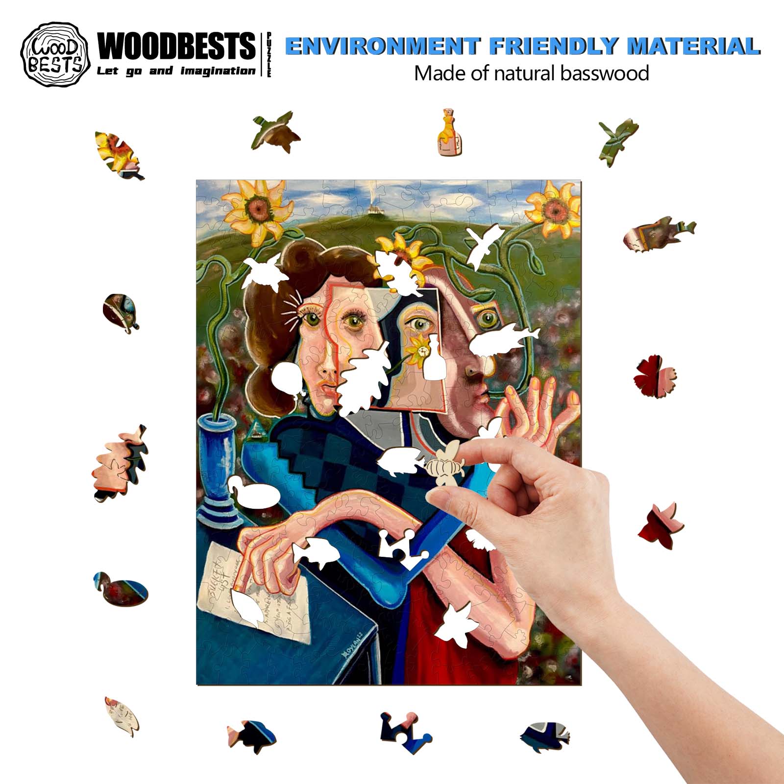 Hand placing a puzzle piece on an artistic natural wood puzzle featuring colorful flowers and unique characters.