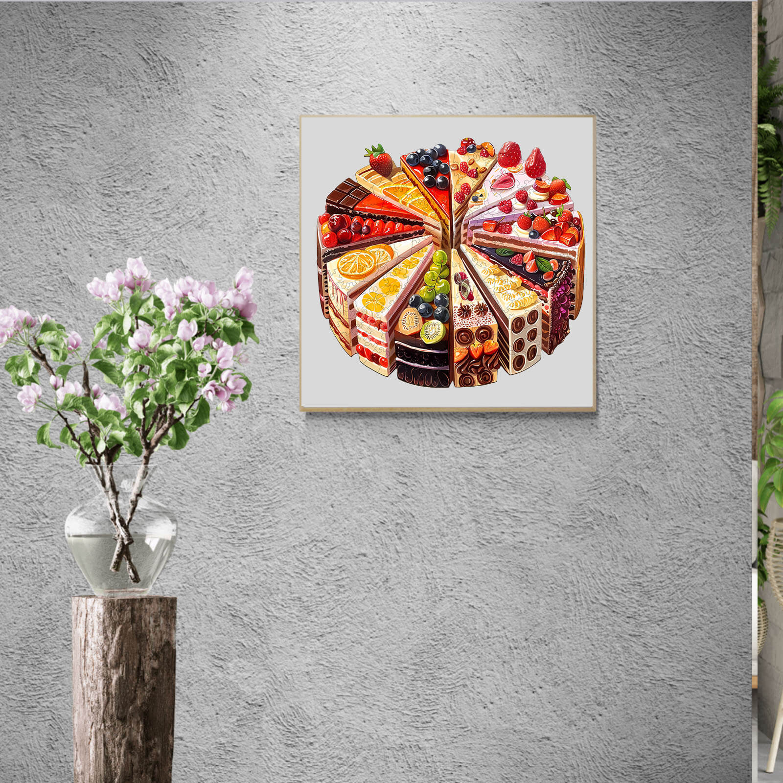 Colorful illustration of a variety of delicious cakes arranged in a circle, perfect for jigsaw puzzle enthusiasts.