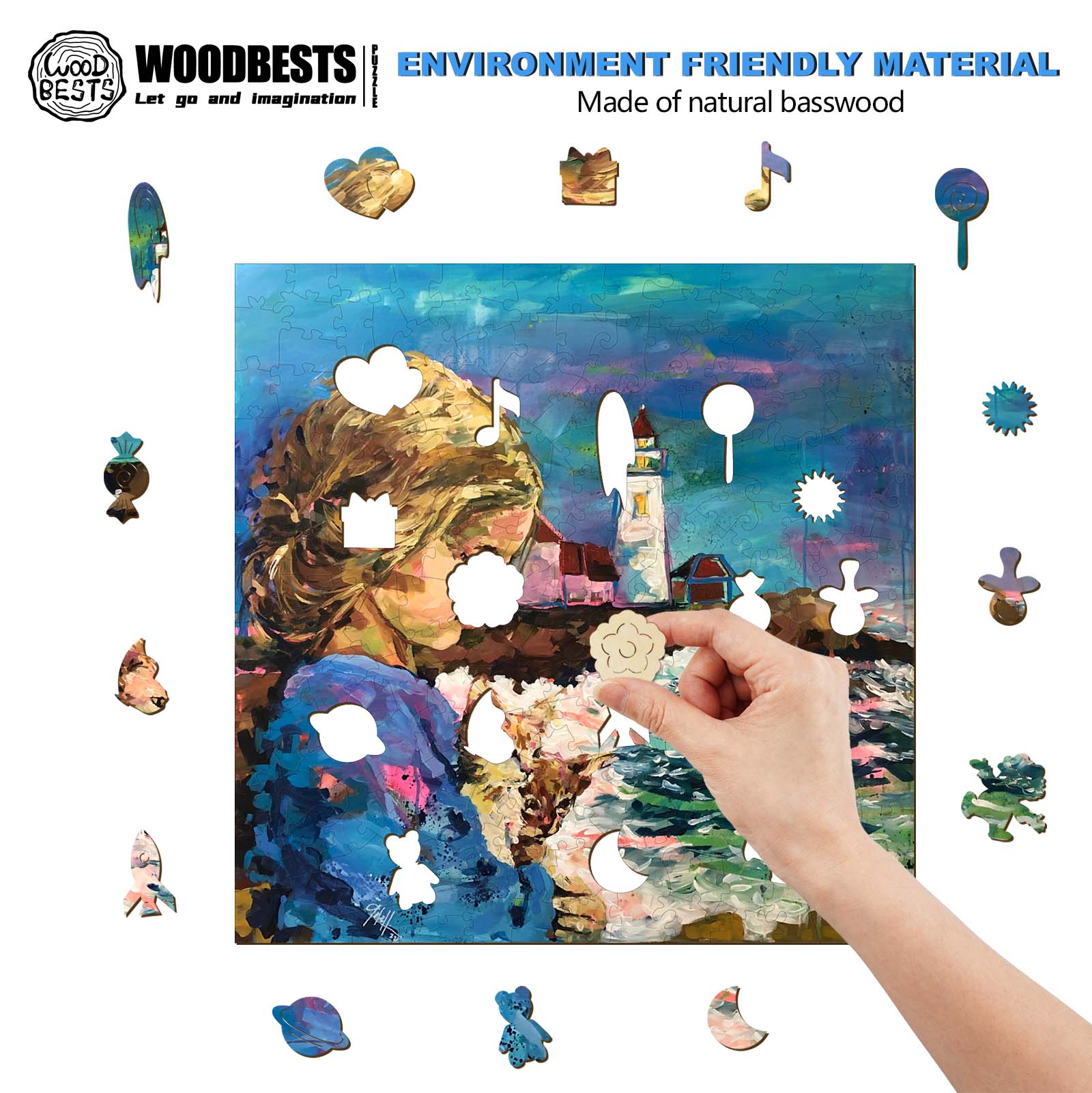 Person assembling a colorful wooden puzzle made from eco-friendly natural basswood by Woodbests.