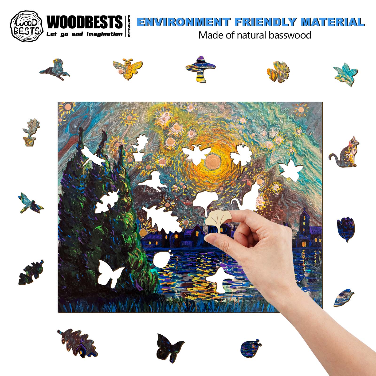 Hand placing natural wood puzzle pieces on Starry Night artwork by Nicholas John VARDAXIS, eco-friendly design.